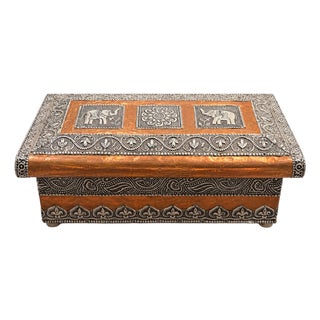 Vintage Large Indian Embossed Silver Metal & Copper Jewelry Chest - 13.5” W For Sale