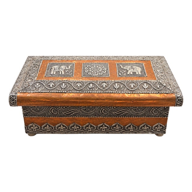 Vintage Large Indian Embossed Silver Metal & Copper Jewelry Chest - 13.5” W For Sale