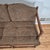 This is a vintage French country style walnut settee or bench with brown faux suede cushions. It is small in scale, so it...