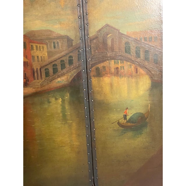 Antique Italian Ponte Rialto Handpainted Parchment Leather Floor Screen For Sale - Image 15 of 18