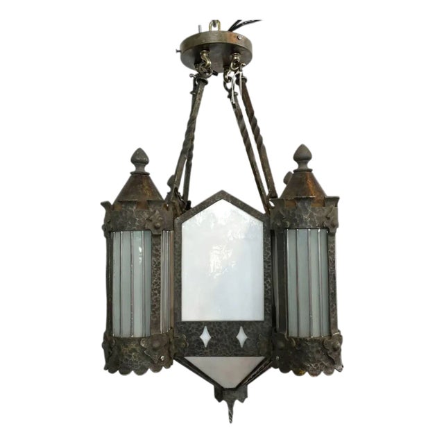 Vintage American Albert Sechrist Wrought Iron, Glass Eight-Light Pendant Lantern For Sale