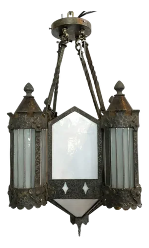 Vintage American Albert Sechrist Wrought Iron, Glass Eight-Light Pendant Lantern