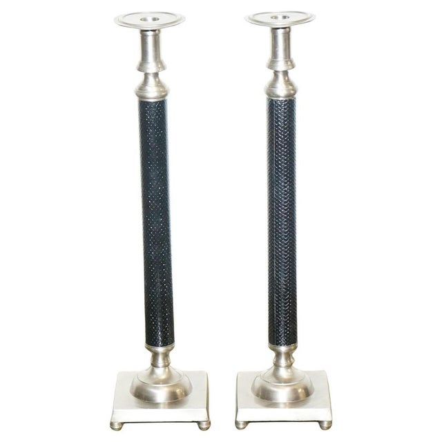 Silver Stainless Steel & Black Candleholders in the style of Ralph Lauren, Set of 2 For Sale - Image 11 of 11