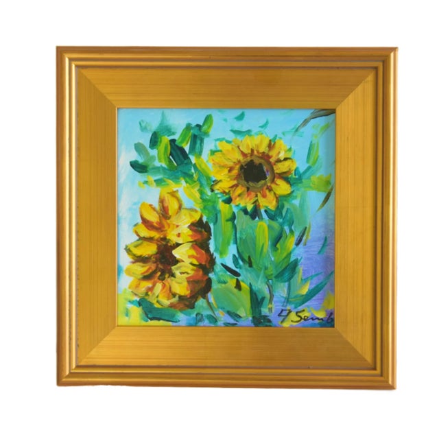 Shabby Chic Impressionist Yellow Sunflowers Floral Oil Painting W/. Antiqued Gold Wood Frame For Sale - Image 3 of 10