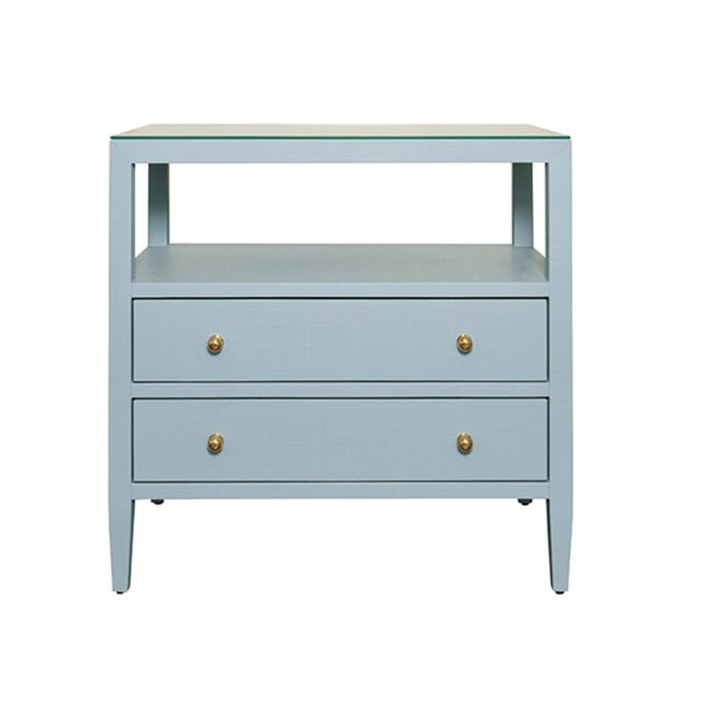 Sky Blue Matthew Izzo Home Douglas Textured Light Blue Linen Two Drawer Side Table With Open Shelf and Polished Brass Knobs For Sale - Image 8 of 8