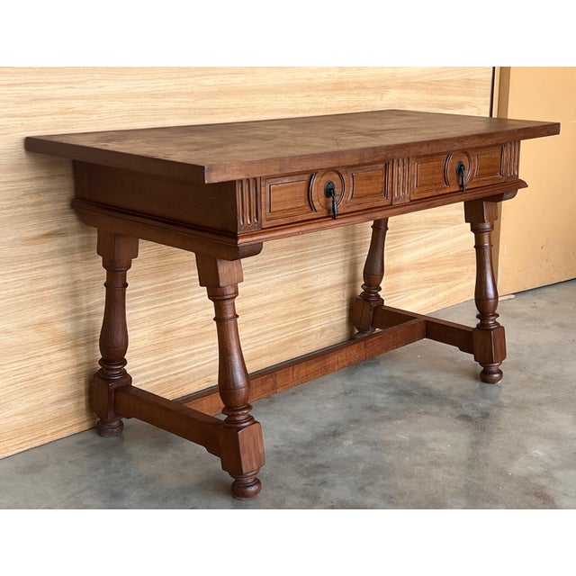 Pair of Early 20th Spanish Light Walnut Country Farm Desk with Two Drawers For Sale - Image 4 of 18
