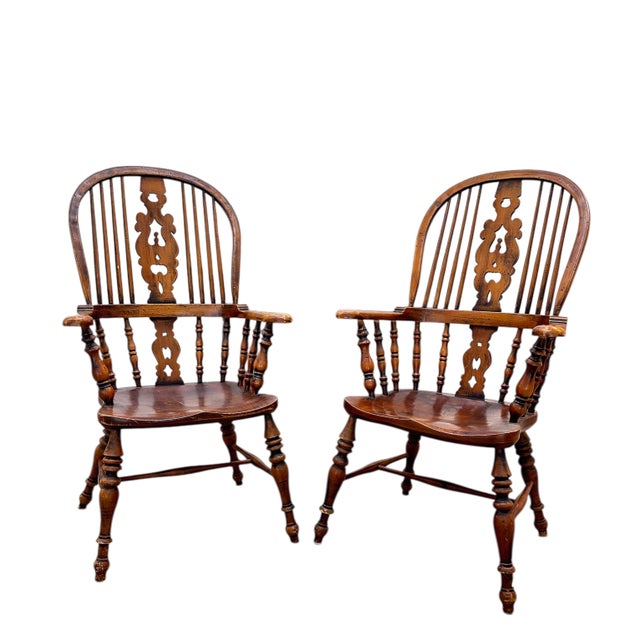 Early 20th C Windsor Chair Pair Set of Two Elm Wood England Arms Antique Vintage For Sale - Image 18 of 18