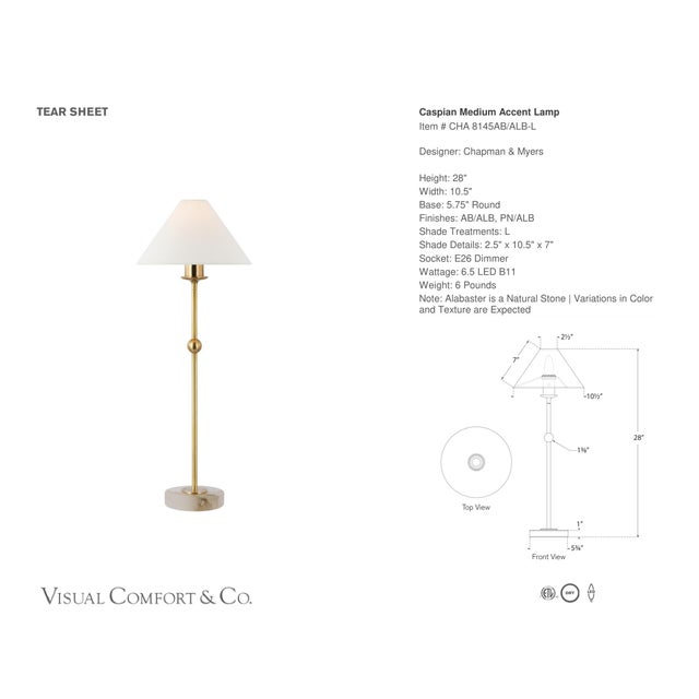 Chapman & Myers by Visual Comfort Signature Caspian Medium Accent Lamp in Antique-Burnished Brass and Alabaster with Linen...