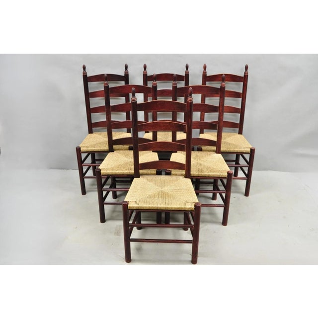 Late 20th Century Primitive Rustic Ladder Back Woven Rush Seat Dining Side Chairs - Set of 6 For Sale - Image 14 of 14