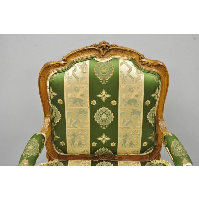 Antique French Louis XV Style Green & Gold Walnut Fauteuil Arm Chairs - A Pair For Sale - Image 4 of 12