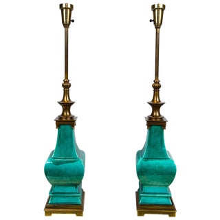 Vintage Mid Century Green Glazed Pagoda Style Stiffel Lamps- a Pair For Sale