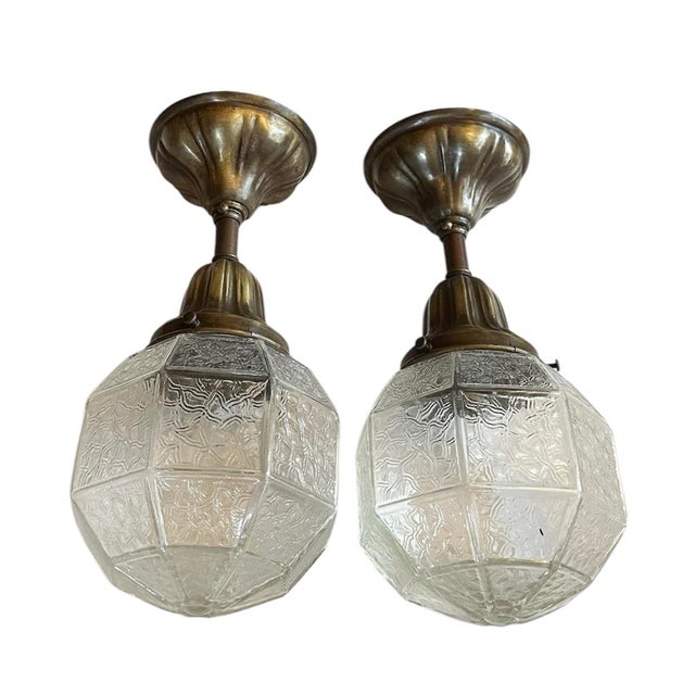 1920s 1920s American Sheffield Holder Flush Pendants With Geometric Original Glass Shades - Pair For Sale - Image 5 of 5