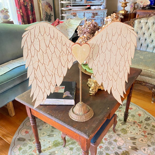 Wood Carved Wood Angel Wings With a Heart on Lamp Base Stand Art Made by Folk Artist For Sale - Image 7 of 8