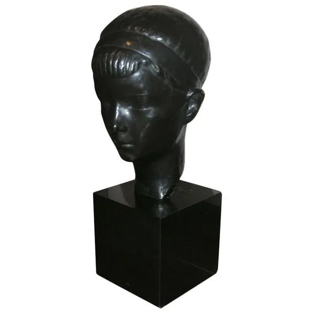 Bronze Boy's Head Sculpture on Pedestal, Mid-20th Century For Sale - Image 10 of 10