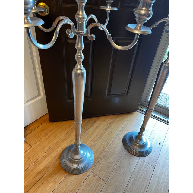 Hollywood Regency Pair of Oversized Vintage Silver Candelabras For Sale - Image 3 of 6