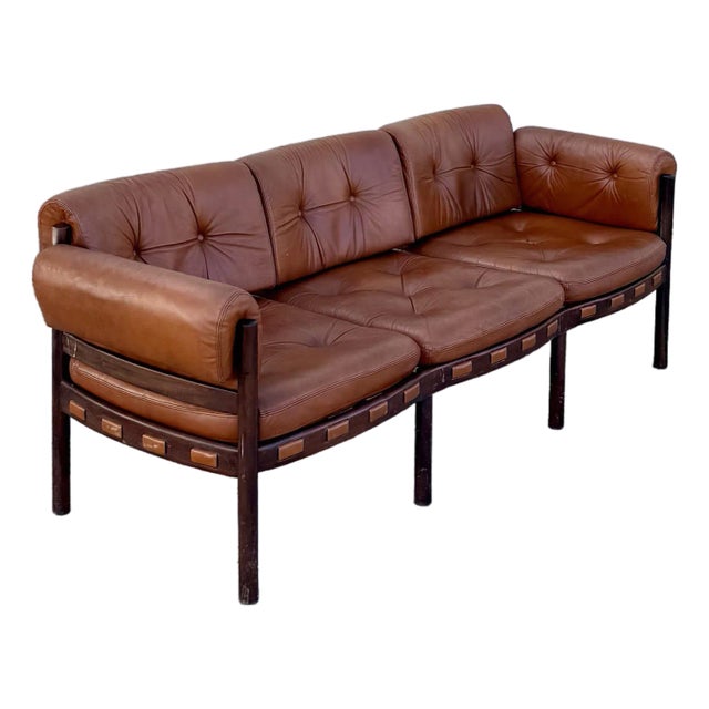 Vintage Cognac Leather 3-Seater Sofa Attributed to Arne Norell for Coja For Sale