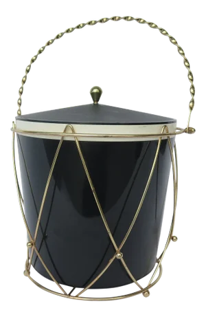 1960's Black Lacquer Brass Motif Ice Bucket