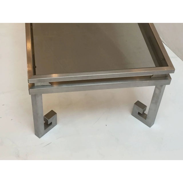 Large French Low Cocktail or Coffee Table of Brushed Steel and Smoked Glass, Greek Key For Sale - Image 9 of 11