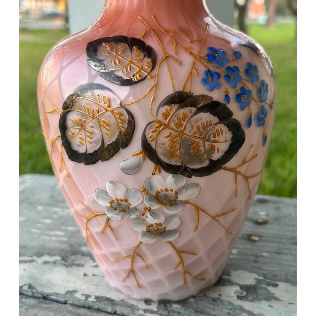 Up for sale is a Late 19th Century Bohemian Victorian Harrach Pink/White Cased Glass Quilted Diamond Pattern Hand-Painted...