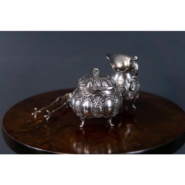 Metal Milk Jug, Sugar Bowl and Tongs in Silver, Set of 3 For Sale - Image 7 of 12