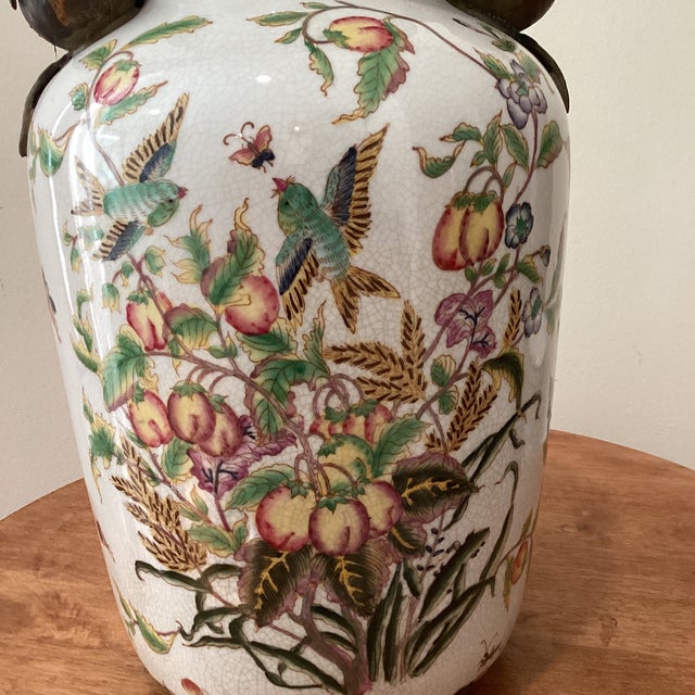 Late 19th Century Late 19th Century Chinese Crackle Glazed Ceramic Porcelain Vase “Paradise Garden“ With Pomegranate Handles For Sale - Image 5 of 12