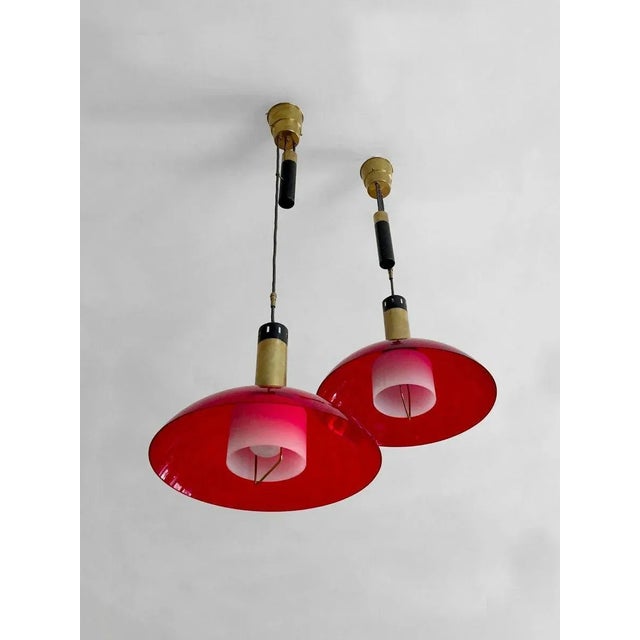 Bauhaus Mid-Century Modern Counterweight Red Acrylic Glass Pendant Lamps from Stilux Milano, Set of 2 For Sale - Image 3 of 4