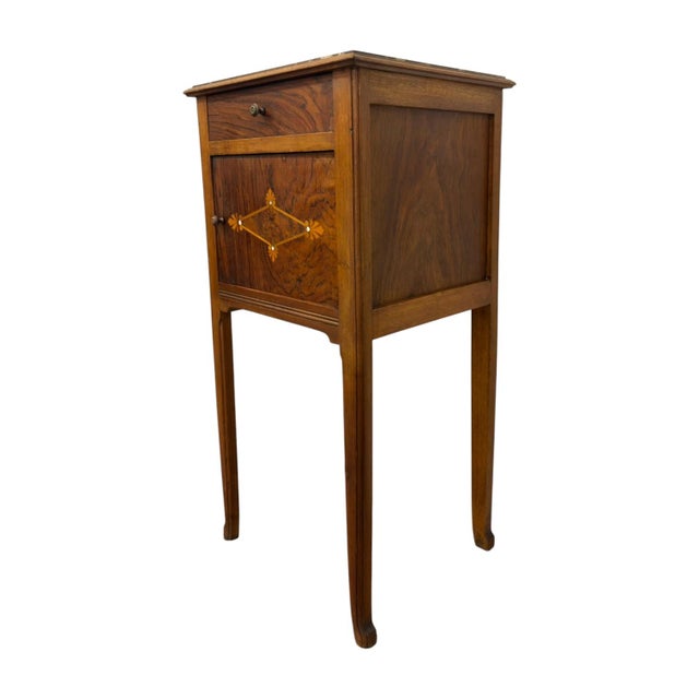 Antique Marble-Top Wooden Nightstand / Bedside Cabinet With Porcelain Interior & Inlaid Accent. For Sale - Image 4 of 10