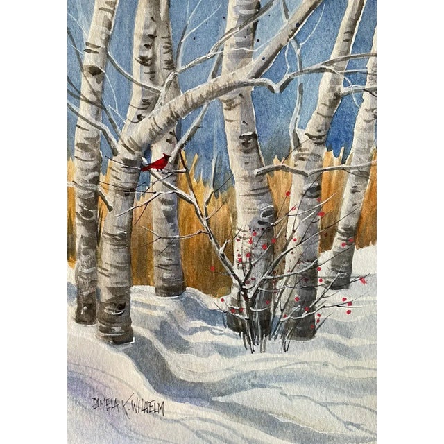 Birch Trees Red Cardinal Original Watercolor Painting For Sale