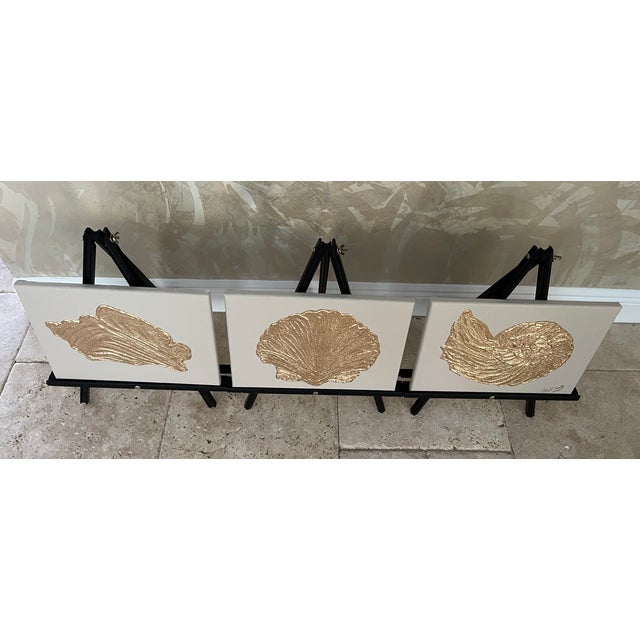 Coastal Gold & Beige Seashell Canvas Art Collection Trio, Designed by Cheryl P. Kohloff For Sale - Image 3 of 6