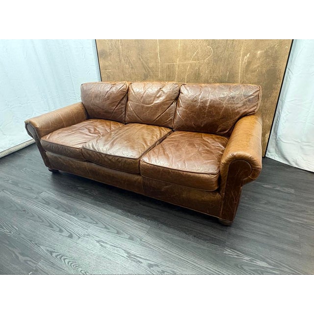 2020s Rh Original Lancaster Leather 3-Cushion Sofa – 7' Petite 38"d | Italian Brompton Cocoa | Down-Feather | Pre-Owned For Sale - Image 5 of 18