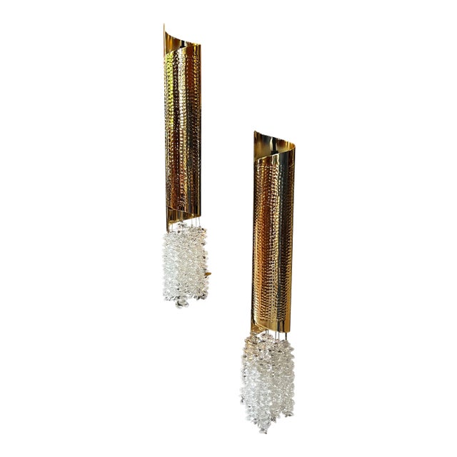 1970s Hand Hammered Gold Tube Hanging Crystal Pendant Lights - a Pair For Sale