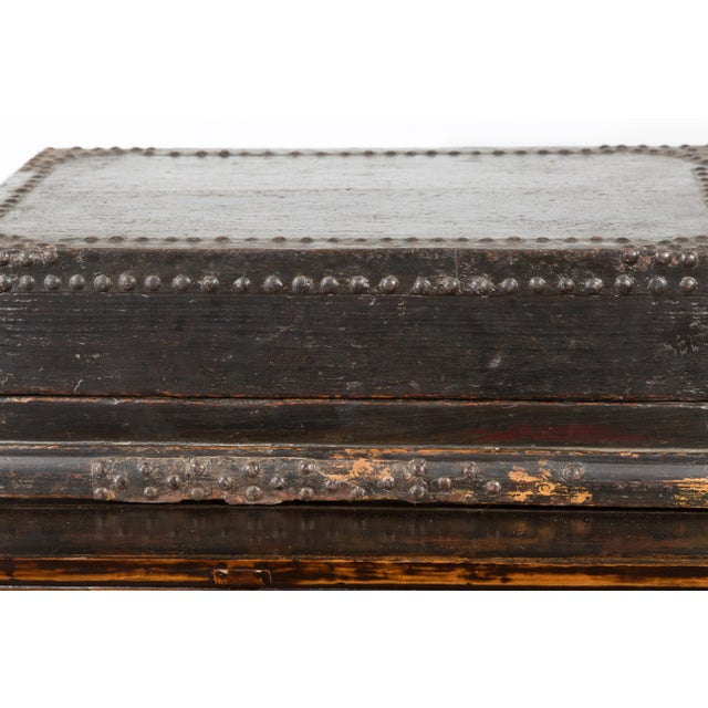 Indian 19th Century Black Box with Iron Nailheads, Braces and Rustic Patina For Sale - Image 10 of 13