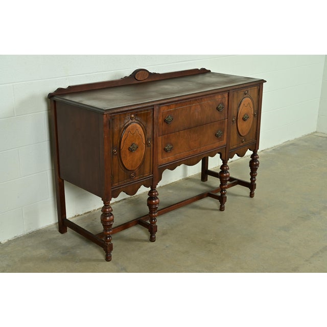 English Berkey & Gay Style Antique English Jacobean Carved Walnut and Burl Wood Sideboard, Circa 1920s For Sale - Image 3 of 13