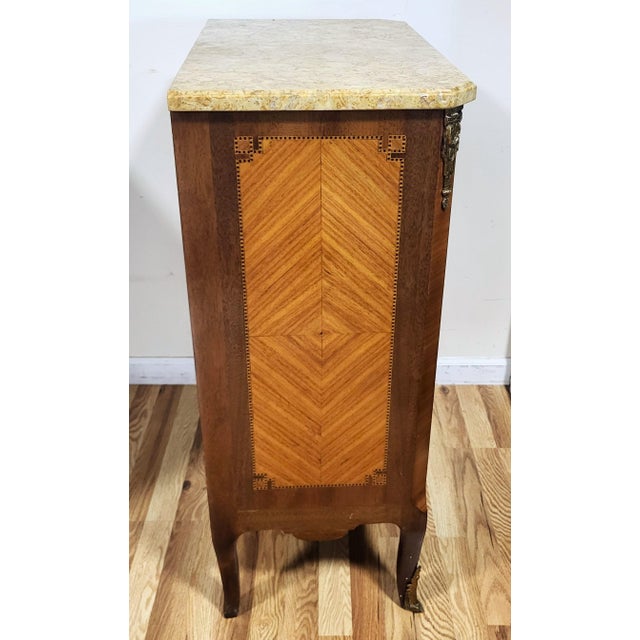 Pair Antique French Louis XV Style Inlaid & Sienna Marble Chest Commodes Signed For Sale - Image 9 of 18
