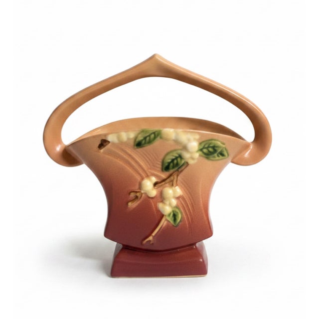 Mid-Century Modern Roseville Snowberry Pink Art Pottery Basket 1bk-7, 1947 For Sale - Image 3 of 7
