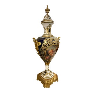 French Blue & White Porcelain Vase – Romantic Scene With Gold-Gilt Bronze Mounts For Sale