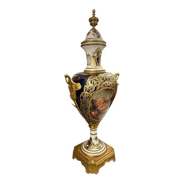 French Blue & White Porcelain Vase – Romantic Scene With Gold-Gilt Bronze Mounts For Sale