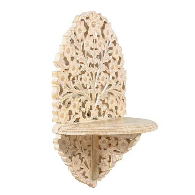 Far Pavilions Hand Carved Wood Wall Shelf With Lattice Detail | Rustic Farmhouse Floating Display | 24" Distressed Boho Hanging Shelf for Entryway Decor For Sale - Image 4 of 6