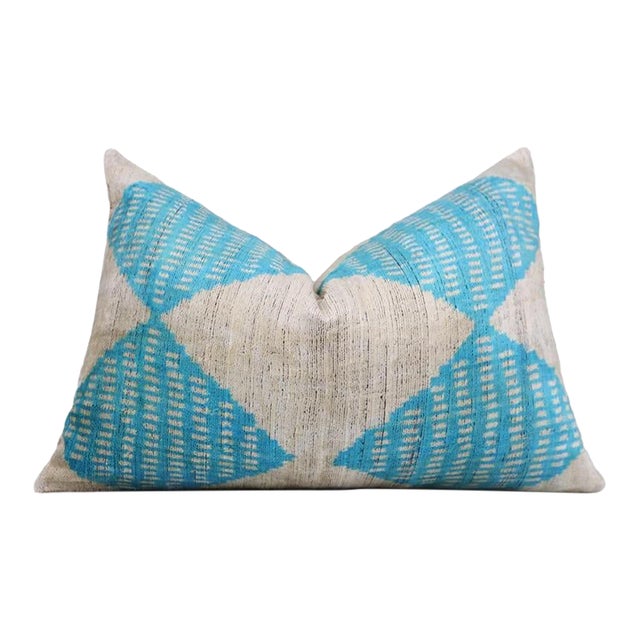 Handmade 16x24 Turquoise Silk Velvet Throw Pillow – Luxury Geometric Lumbar Cushion For Sale