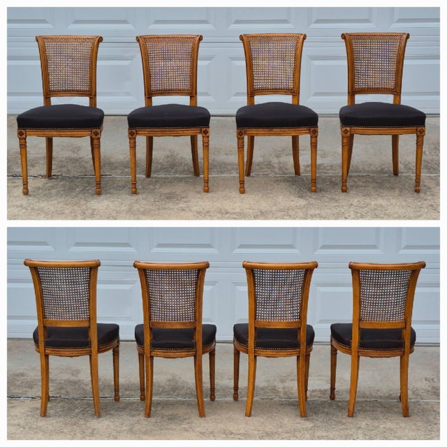 c.1940s Directoire Neoclassical French Regency Fruitwood Cane Back Dining Chairs, Set of 4 For Sale - Image 11 of 17
