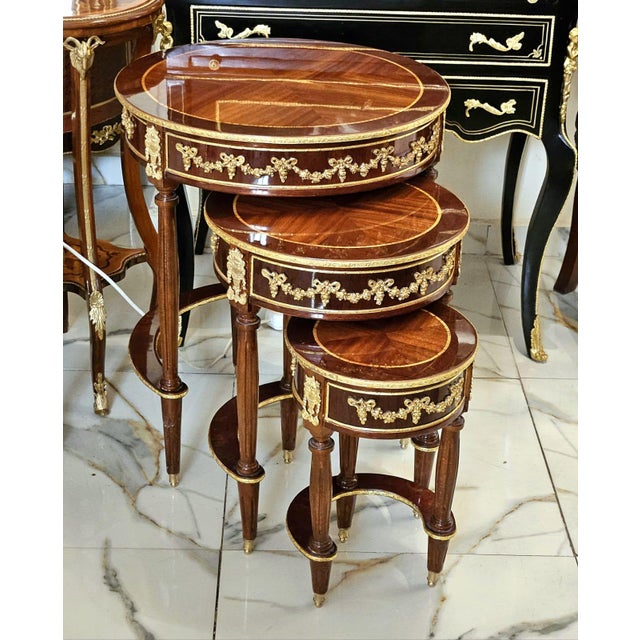 French French Nesting Side Tables Set of 3 With Hand-Gilded Gold Leaf Details & Solid Wood Construction For Sale - Image 3 of 3