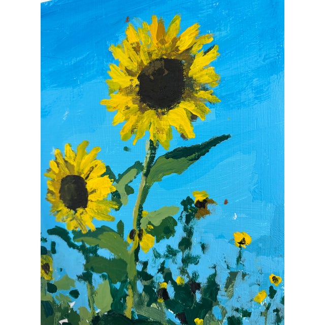 A joyful sunflower field comes to life in this 11x14" acrylic painting on wood panel. Bold yellow blooms rise against a...