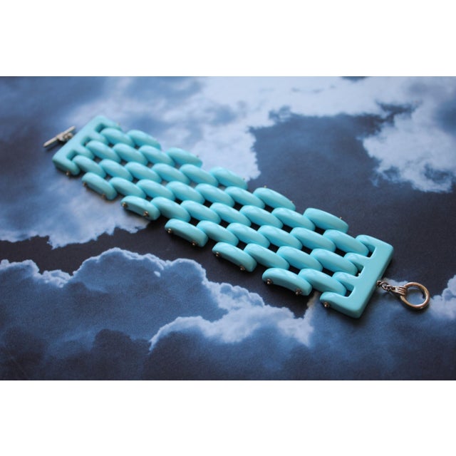 Early 21st Century Teal Blue Turquoise Fancy Cabochon Elongated Link Wide Unique Statement Bracelet For Sale - Image 5 of 10