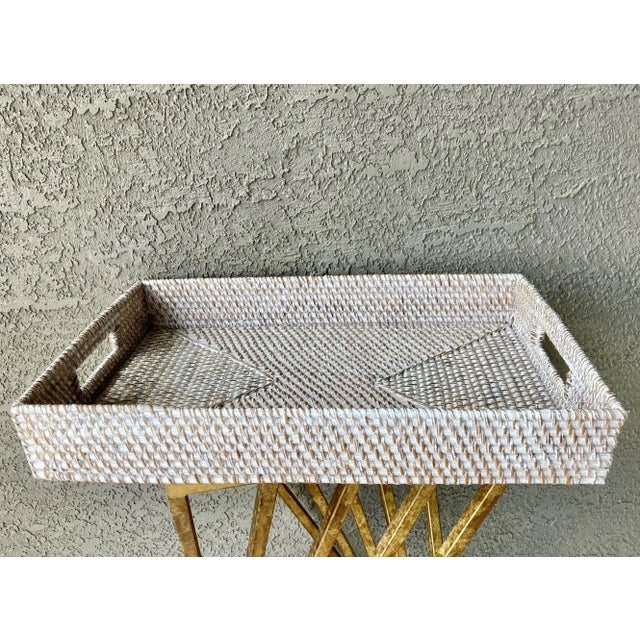 Circa 1990 Coastal Cottage Chic Whitewashed Rattan With Cut-Out Handles Decorative Tray For Sale In Austin - Image 6 of 13