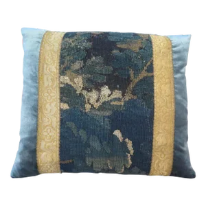 18th Century Maison Maison Verdure Tapestry With Blue Silk Velvet Pillow