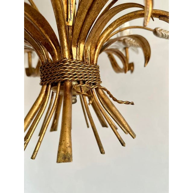 Vintage Gilt Wheat Sheaf Chandelier with White Floral Details, France, 1960s For Sale - Image 6 of 13