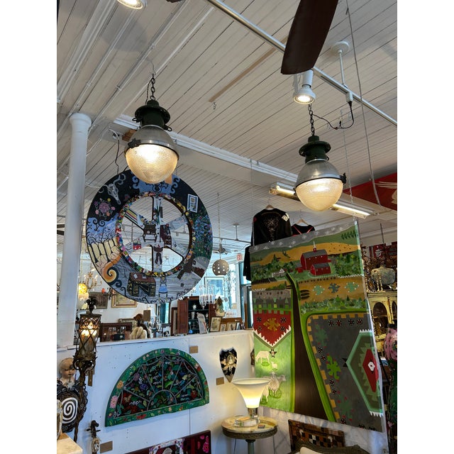 Vintage Industrial Pendants With Green Enamel - A Pair For Sale - Image 4 of 10