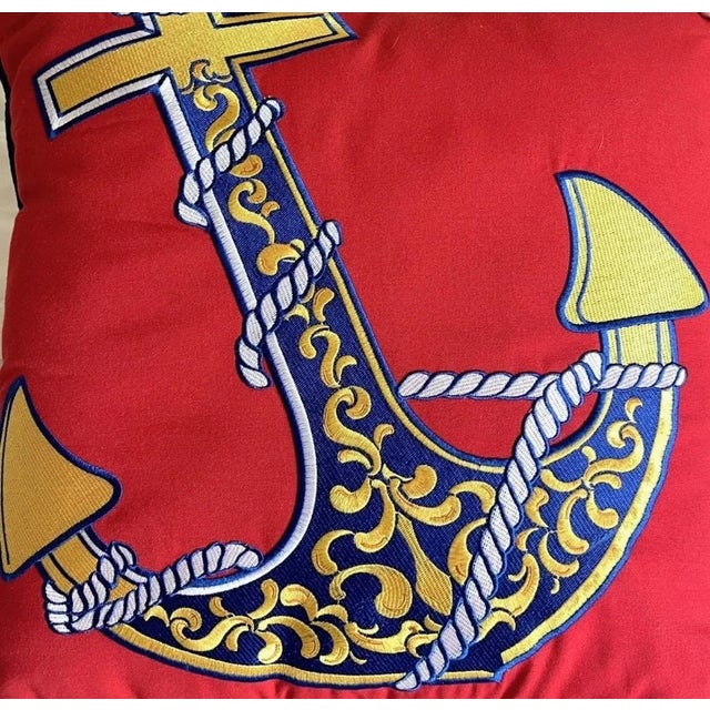 1980s Embroidered Applique Nautical Velvet Anchor & Ship's Wheel Pillows - A Pair For Sale - Image 6 of 7