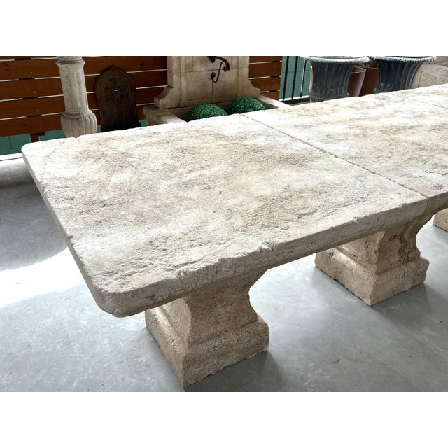 Authentic Hand Carved 3-Pedestal Limestone Garden Table From Provence, France For Sale - Image 10 of 18