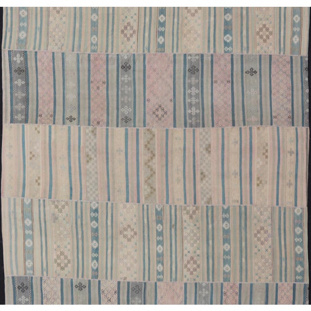Traditional Large Vintage Paneled Kilim Flat-Weave in Blue, Pink, Taupe, Gray, Light Brown For Sale - Image 3 of 13